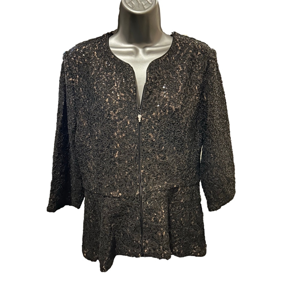 NWT ALEX EVENINGS 3/4-Sleeve Sequin Peplum-Hem Zip Jacket, Black size large